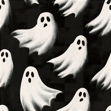 Retro ghost seamless pattern with whimsical white sheet spirit floating on black background