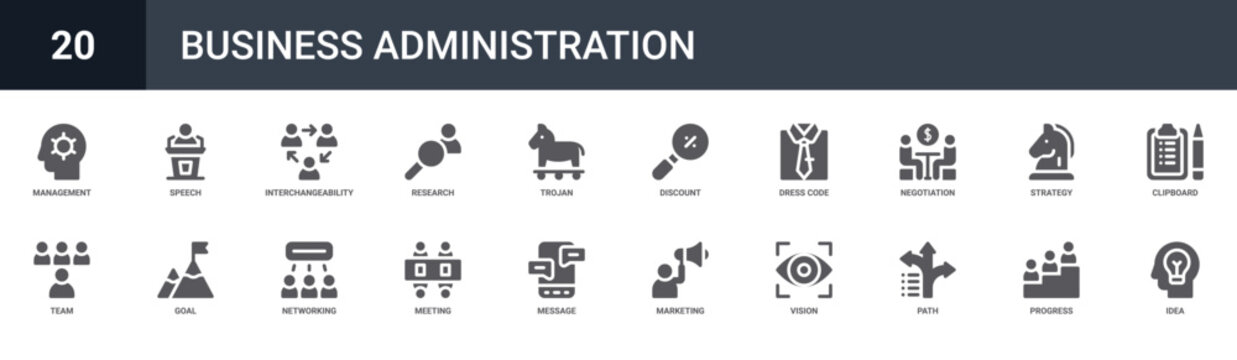 Set of 20 solid Business Administration icons for dashboards, app screens and website sections. Filled glyph collection including speech, research, discount, negotiation and strategy.