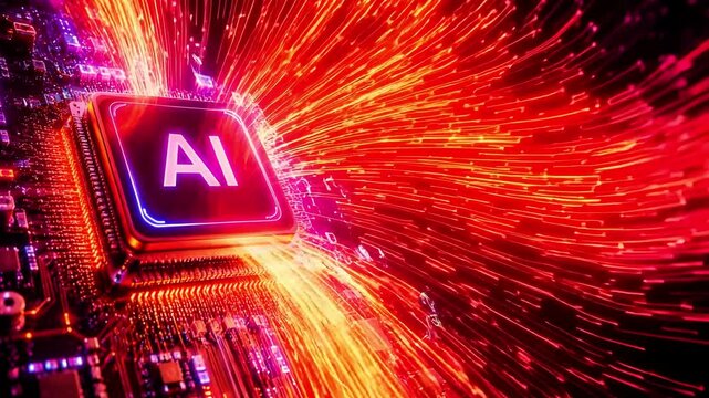 Glowing AI Microchip Processor With Strong Light Beam Spread Burst - Artificial Intelligence Technology Concept