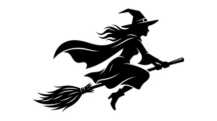 Helloween Witch silhouette flying on broomstick, black magic sorceress vector icon, Halloween character profile with pointed hat and flowing cape Vector © MST