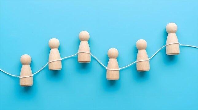 Wooden figures connected by a string on a blue background