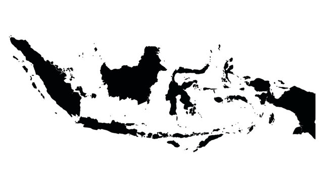 Detailed black silhouette map of the Indonesian archipelago, isolated on a stark white background, Representing geographical studies and symbolizing national identity