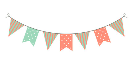 Fototapeta premium Vibrant cartoon bunting flags featuring pastel stripes and star patterns on a decorative string, isolated on white, Symbolizing festive party decoration and expressing joyful event greetings
