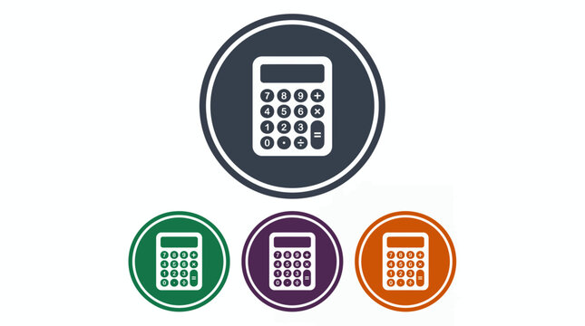 Multiple flat design calculator icons in various colored circles on a white background, displaying numeric keypads, Symbolizing financial planning and essential mathematical calculations
