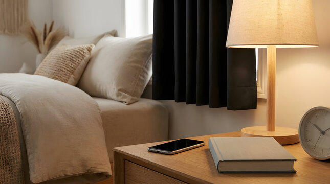 Warm bedroom nightstand scene with smartphone, books, lamp, and alarm clock, showing evening routine, sleep hygiene, and circadian rhythm habits