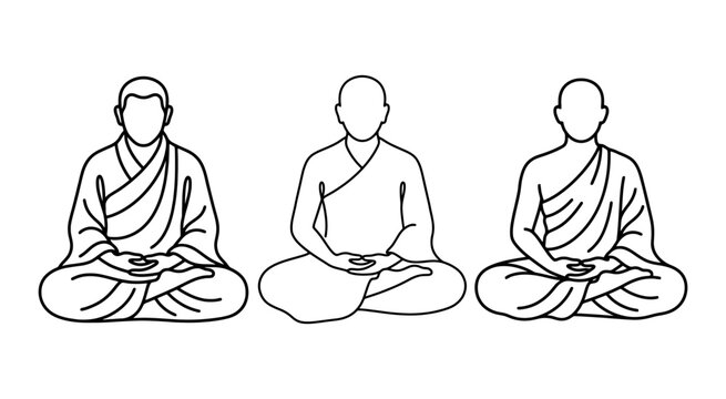 Three buddhist monks sitting in lotus position for meditation and spiritual peace