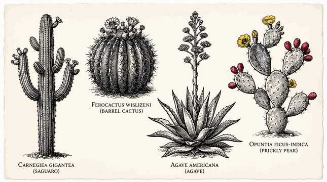 Vintage botanical illustration of Saguaro, Barrel, Agave, Prickly Pear cacti with flowers and fruits, illustrating botany education or providing vintage desert-themed decorative art