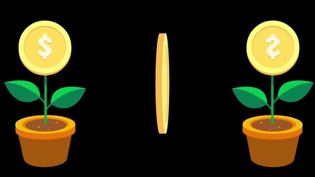 Two cartoon plants with dollar and yen coins growing from pots. Financial growth and investment concept.