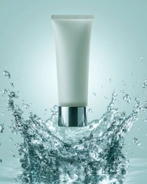 Hydrating skincare cream tube rising above dynamic clear water splash on soft aqua background