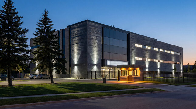 Modern research facility exterior illuminated at dusk with a security checkpoint