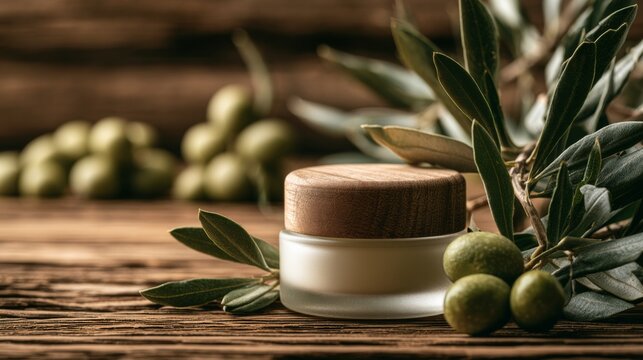 Natural olive skincare cream jar with wooden lid and fresh leaves on rustic background