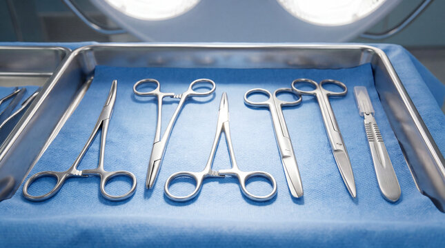 Close-up of sterilized surgical instruments arranged on a blue tray