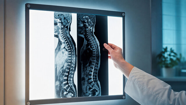 Generative AI image of MRI film on light box in a modern radiology reading room, showing advanced magnetic resonance imaging technology for professional diagnosis and healthcare.