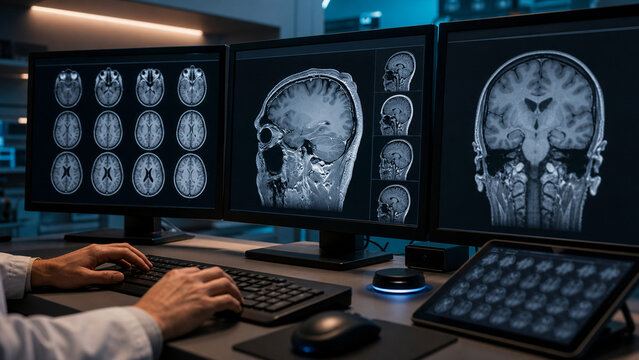 Generative AI image of MRI comparison on PACS monitors in a modern radiology reading room, showing advanced magnetic resonance imaging technology for professional diagnosis and healthcare.