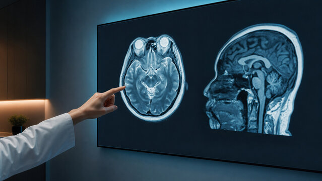 Generative AI image of brain MRI on large display in a modern radiology reading room, showing advanced magnetic resonance imaging technology for professional diagnosis and healthcare.