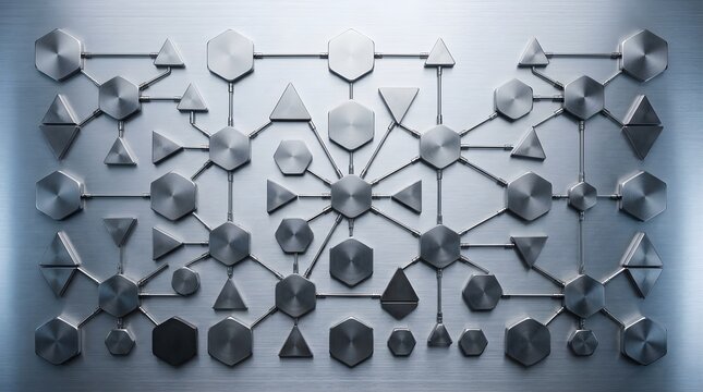 Complex AI Technology Workplace Diagram with Metallic Geometric Nodes and Connected System Architecture
