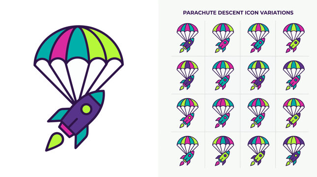 Vibrant graphic icon depicts a colorful striped parachute carrying a purple rocket with a green flame, representing safe descent and successful project launches