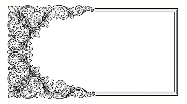 Detailed black and white vector frame with intricate baroque scrollwork corners and a simple double-line border, Symbolizing invitation elegance and certificate authenticity