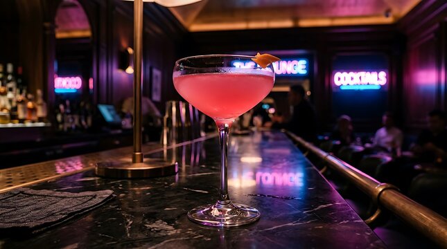 Modern cocktail bar with neon lighting ambiance.