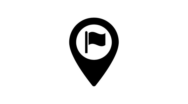 A simple black map pin icon featuring a small flag symbol inside representing a specific location point or a destination marker design