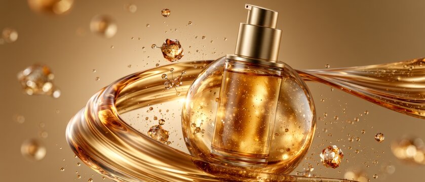 Luxury golden serum bottle with flowing liquid, crystal droplets and radiant skincare glow
