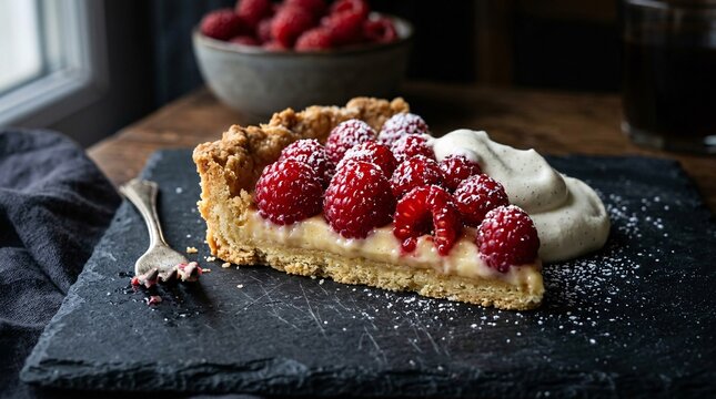Delicious fresh raspberry tart with a golden buttery crust topped with perfectly ripe shiny red raspberries and a dollop of vanilla cream.