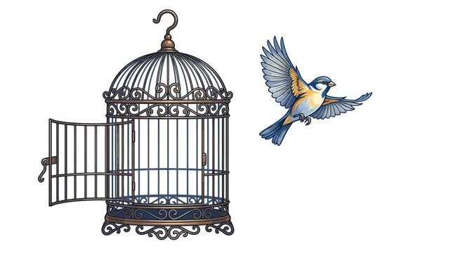 A beautiful small bird flying away from an open vintage birdcage on a white background.