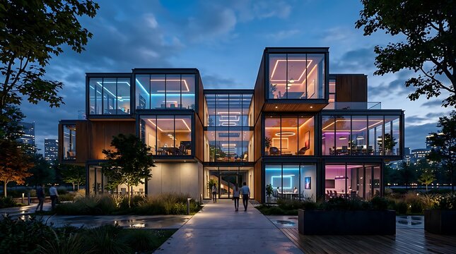 Modern residential apartment complex at dusk with warm lighting.