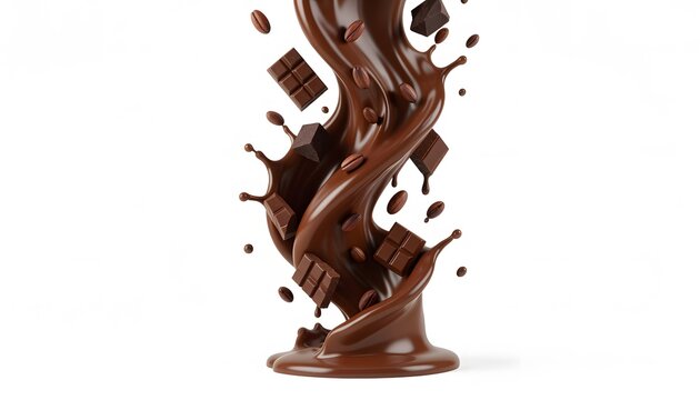 3D realistic vertical splash of liquid chocolate and coffee swirl with flying chocolate bar pieces isolated on white background