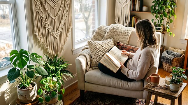 Woman reading book in cozy living room with plants.