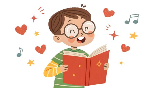 Cute boy reading a book. Happy child with glasses studying and learning.