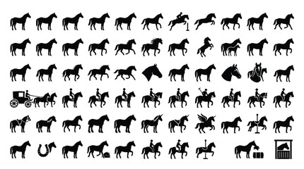 Fototapeta premium Large set of horse silhouettes and icons featuring equestrian sports, horse and rider, jumping, racing, mythical unicorns, pegasus, carriage, stable, and farm animal vector graphics on white.