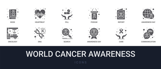 Fototapeta premium Set of 12 solid World Cancer Awareness icons for dashboards, app screens and website sections. Filled glyph collection including heartbeat, podium, awareness day, dna and search.