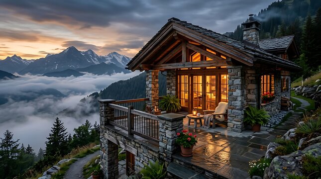 Cozy wooden cabin nestled in misty mountain forest at dusk.