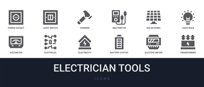 Set of 12 solid Electrician Tools icons for dashboards, app screens and website sections. Filled glyph collection including light switch, Multimeter, light bulb, electrical circuit and electricity.