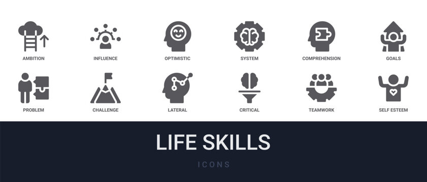 Set of 12 solid Life Skills icons for dashboards, app screens and website sections. Filled glyph collection including influence, system, goals, challenge and lateral.