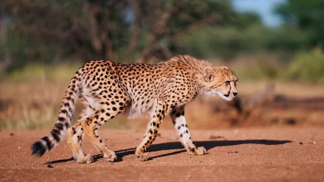 Wild cheetah walking on savanna ground, majestic spotted feline predator in African wilderness, cinematic wildlife animal tracking shot