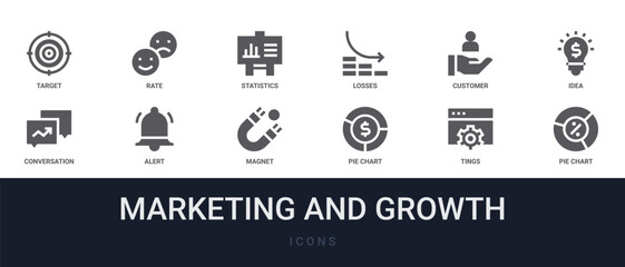 Fototapeta premium Set of 12 solid Marketing and Growth icons for dashboards, app screens and website sections. Filled glyph collection including rate, losses, idea, alert and magnet.
