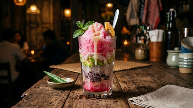 Colorful cocktail with fresh fruit garnish on bar counter.
