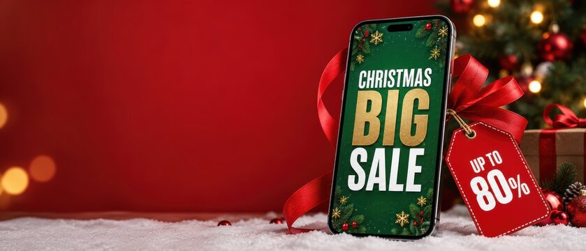smartphone displaying christmas big sale beside a red 80 percent discount tag, ribbon, gifts and holiday decorations on a snowy background