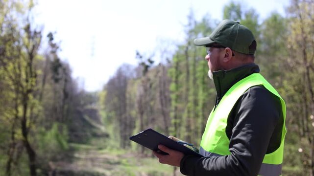 Environmental engineer or inspector conducting a site survey near high-voltage power lines in a forest. Checking the area. Monitoring the ecological impact of energy infrastructure on woodland. 