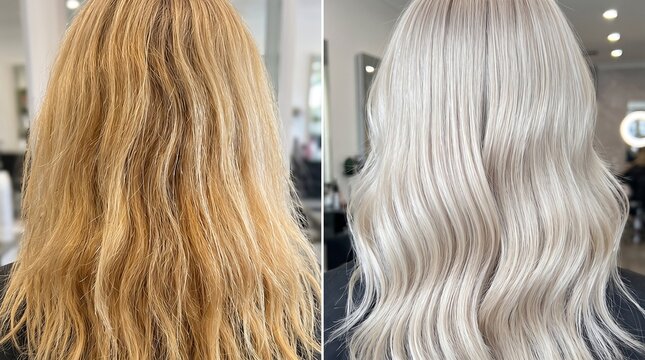Before and after brassy yellow blonde hair to icy cool platinum	