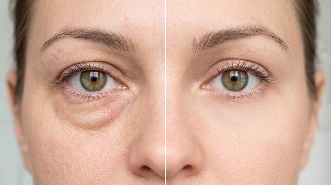 Before and after puffy swollen under eye bags to firm smooth skin	