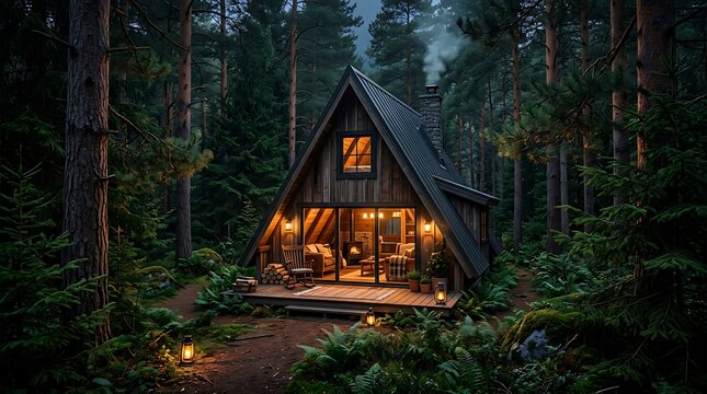Cozy log cabin in dense forest at dusk.