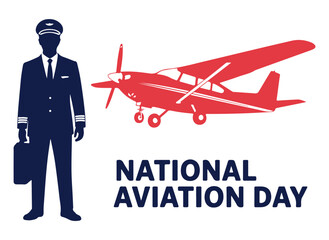 Pilot silhouette stands beside a red propeller aircraft illustration to commemorate National Aviation Day on August 19 with a professional and clean layout suitable for industry promotional materials. © Baloch