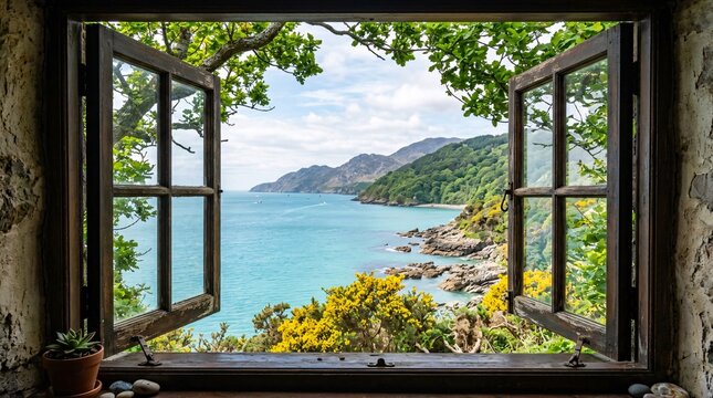 Picturesque view through an open dark distressed wood window revealing a tranquil scene of a turquoise ocean lapping against a rocky shore.