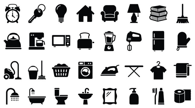 Collection of 32 black flat icons representing household items, kitchen appliances, furniture, and bathroom fixtures. Includes silhouettes of a washing machine, vacuum, toaster, and more on white.