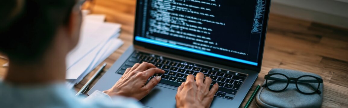 Programmer and developer coding software on a laptop computer at a wooden desk
