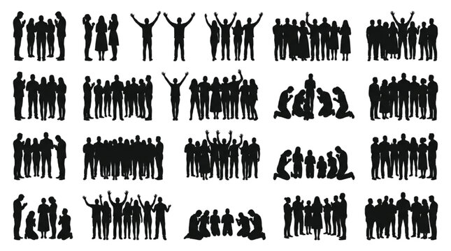 Praying and Worshipping People Silhouette Vector Figure Set