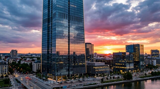 Modern city skyline with glass skyscrapers at twilight.
